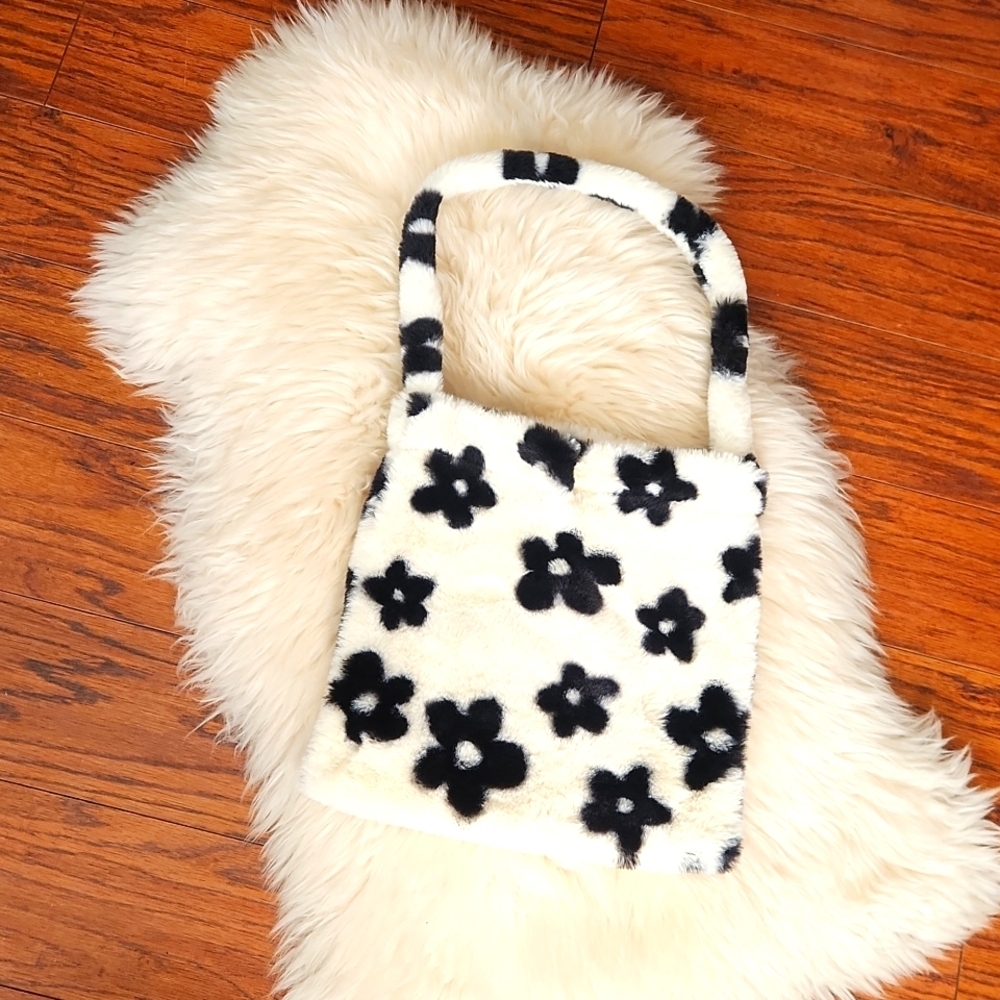 Black & White Floral Fuzzy Tote Bag
